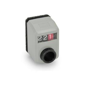 GN 955 Position Indicators, 3 Digits, Digital Indication, Mechanical Counter, Hollow Shaft Steel Installation (Front view): FN - In the front, above<br />Color: GR - Gray, RAL 7035