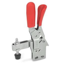 GN 810.4 Toggle Clamps, Stainless Steel , Operating Lever Vertical, with Lock Mechanism, with Vertical Mounting Base Material: NI - Stainless steel<br />Type: BLC - Forked clamping arm, with two flanged washers and clamping screw GN 708.1