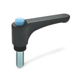 GN 600 Flat Adjustable Hand Levers, with Releasing Button, Plastic, Threaded Stud Steel Color (Releasing button): DBL - Blue, RAL 5024, shiny finish
