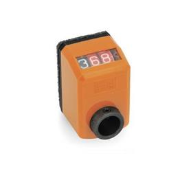 GN 955 Indicadores de posición, 3 dígitos, indicador digital, contador mecánico, eje hueco acero Instalación (vista frontal): AN - oblicua, arriba<br />Color: OR - Naranja, RAL 2004