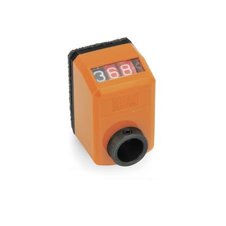 GN 955 Position Indicators, 3 Digits, Digital Indication, Mechanical Counter, Hollow Shaft Steel Installation (Front view): AN - On the chamfer, above
Color: OR - Orange, RAL 2004