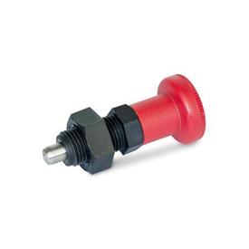 GN 617.2 Indexing Plungers, Threaded Body Plastic, Plunger Pin Stainless Steel, with Red Knob Type: BK - Without rest position, with lock nut<br />Material: NI - Stainless steel