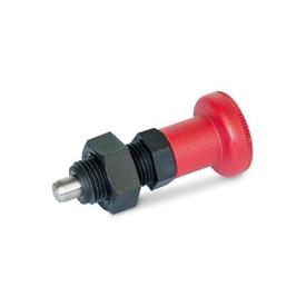 GN 617.2 Rastbolzen, Führung Kunststoff, Raststift Edelstahl, mit rotem Knopf Form: BK - ohne Rastsperre, mit Kontermutter<br />Werkstoff: NI - Edelstahl