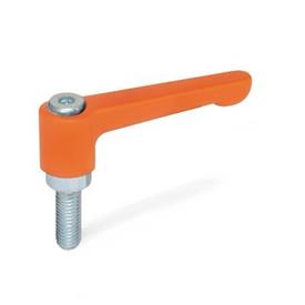 GN 302.2 Flat Adjustable Hand Levers, Zinc Die Casting, Threaded Stud Steel Zinc Plated Color: OS - Orange, RAL 2004, textured finish