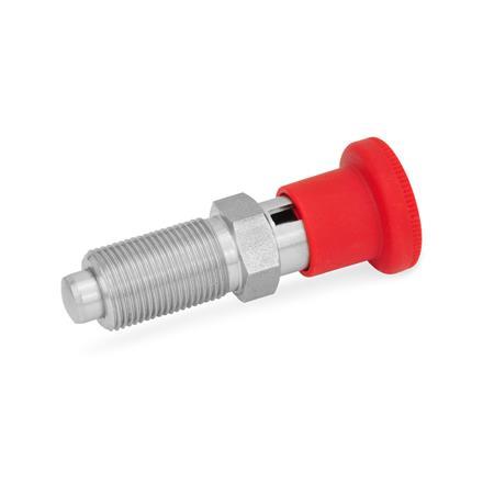 GN 817 Edelstahl-Rastbolzen mit rotem Knopf Werkstoff: NI - Edelstahl
Form: C - mit Rastsperre, ohne Kontermutter
Farbe: RT - rot, RAL 3000, matt