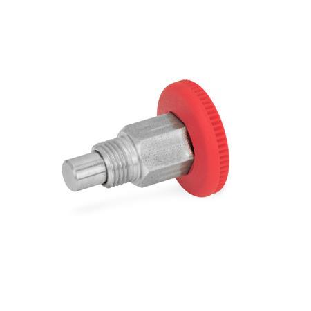 GN 822.1 Mini Indexing Plungers, Open Indexing Mechanism, with Red Knob Type: B - Without rest position
Material: NI - Stainless steel
Color: RT - Red, RAL 3000