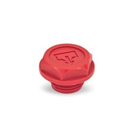 GN 740.2 Tapones roscados con símbolo de drenaje DIN, plástico, rojo, con collar de junta tórica 