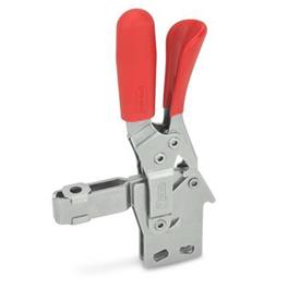 GN 810.4 Edelstahl-Schnellspanner, Spannhebel vertikal, mit Verriegelung, mit senkrechtem Fuß Werkstoff: NI - Edelstahl<br />Form: BL - offener Spannarm, mit 2 Flankenscheiben