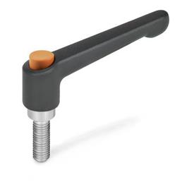 GN 303.1 Manettes indexables,<br />
zinc moulé sous pression, insert inox, avec goujon fileté, avec bouton de déverrouillage Couleur du bouton de déverrouillage: O - orange, RAL 2004