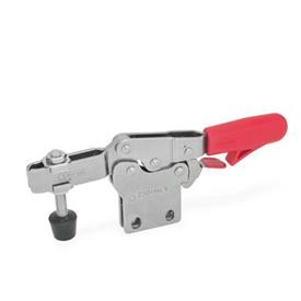 GN 820.4 Toggle Clamps, Stainless Steel, Operating Lever Horizontal, with Lock Mechanism, with Vertical Mounting Base Material: NI - Stainless steel<br />Type: NLC - Forked clamping arm, with two flanged washers and clamping screw GN 708.1