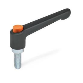 GN 303.2 Adjustable Hand Levers with Releasing Button, Zinc Die Casting, Threaded Stud Steel Zinc Plated Color releasing button: O - Orange, RAL 2004