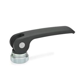 GN 927 Clamping Levers with Eccentrical Cam, with Internal Thread, Lever Zinc Die Casting, Contact Plate Plastic Type: A - Plastic contact plate with setting nut<br />Color: B - Black, RAL 9005