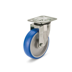 GN 22884 Medium Duty Casters, Wheel Tread Polyurethane, Wheel Core Polyamide, Light Version Bearing type: G - Friction bearing<br />Type (bracket): L - Swivel bracket with mounting plate<br />Coding: L - Light version<br />Material (bracket): NI - Stainless steel sheet metal