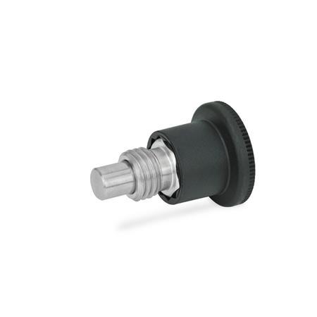 GN 822.7 Mini pistoncini di posizionamento a molla, acciaio INOX / manopola in plastica Tipo: B - senza posizione di arresto, con manopola in plastica