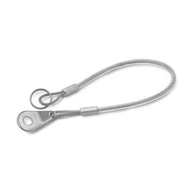 GN 111.8 Retaining Cables, Stainless Steel AISI 316, with Key Rings or One Key Ring and One Mounting Tab Type: B - With mounting tab and key ring<br />Color: TR - Transparent