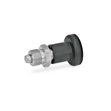 GN 607.1 Indexing Plungers, Stainless Steel / Plastic Knob Material: NI - Stainless steel
Type: A - Without lock nut