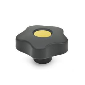 GN 5337.2 Star Knobs with Colored Cover Caps, Plastic, Bushing Brass Type: E - With cover cap (threaded blind bore)<br />Color of the cover cap: DGB - Yellow, RAL 1021, matte finish