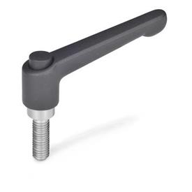 GN 303.1 Manettes indexables,<br />
zinc moulé sous pression, insert inox, avec goujon fileté, avec bouton de déverrouillage Couleur du bouton de déverrouillage: S - noir, RAL 9005