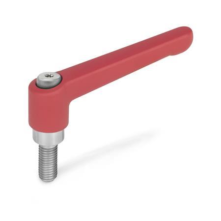 GN 300.1 Adjustable Hand Levers, Zinc Die Casting, Threaded Stud Stainless Steel Color: RS - Red, RAL 3000, textured finish
