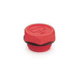 GN 740 Tapones roscados con símbolo de drenaje DIN, plástico, rojo, junta superpuesta 
