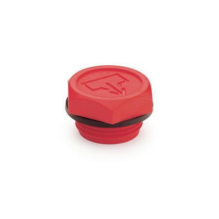 GN 740 Tapones roscados con símbolo de drenaje DIN, plástico, rojo, junta superpuesta 