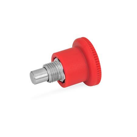 GN 822 Mini Indexing Plungers, Covered Indexing Mechanism, with Red Knob Material: NI - Stainless steel
Type: B - Without rest position
Color: RT - Red, RAL 3000