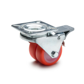 GN 22880 Light Duty Casters, Wheel Tread Polyurethane, Wheel Core Polyamide, Double Wheel Version Bearing type: G - Friction bearing<br />Type (bracket): LF - Swivel bracket with mounting plate, with total lock brake<br />Coding: D - Double wheel version<br />Material (bracket): ST - Steel sheet metal