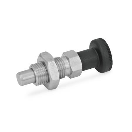 GN 717 Stainless Steel Indexing Plungers, with Knob, with and without Rest Position Type: BK - Without rest position, with lock nut
Material: NI - Stainless steel
