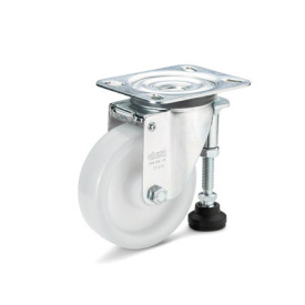 GN 22892 Medium Duty Casters, Polyamide, Light Version, with Leveling Foot Bearing type: G - Friction bearing<br />Type (bracket): S - Swivel bracket with mounting plate, with leveling foot<br />Coding: L - Light version<br />Material (bracket): ST - Steel sheet metal, zinc plated