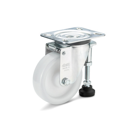 GN 22892 Medium Duty Casters, Polyamide, Light Version, with Leveling Foot Bearing type: G - Friction bearing
Type (bracket): S - Swivel bracket with mounting plate, with leveling foot
Coding: L - Light version
Material (bracket): ST - Steel sheet metal, zinc plated