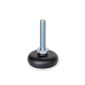 GN 30 Leveling Feet, Steel Sheet Metal, with Rubber Pad Type (Base): A5 - Steel, plastic coated black, rubber inlaid, black<br />Version (Screw): S - Without nut, external hex at the bottom