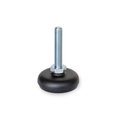 GN 30 Leveling Feet, Steel Sheet Metal, with Rubber Pad Type (Base): A5 - Steel, plastic coated black, rubber inlaid, black
Version (Screw): S - Without nut, external hex at the bottom