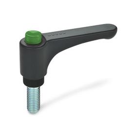 GN 600 Flat Adjustable Hand Levers, with Releasing Button, Plastic, Threaded Stud Steel Color (Releasing button): DGN - Green, RAL 6017, shiny finish