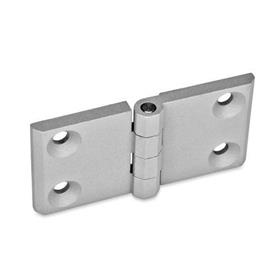GN 237 Hinges, Zinc Die Casting, Horizontally Elongated Werkstoff: ZD - Zinc die casting<br />Type: A - 2x2 bores for countersunk screws<br />Finish: SR - Silver, RAL 9006, textured finish<br />Hinge wings: l3 = l4 - elongated on both sides