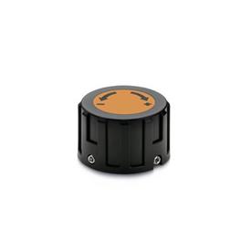 GN 957.1 Control Knobs, Plastic, for Position Indicators Type: R - With lettering, with arrow, ascending clockwise<br />Color of the cover cap: DOR - Orange, RAL 2004, matte finish