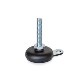 GN 32 Leveling Feet, Steel Sheet Metal, with Rubber Pad, with Mounting Flange Type (Base): A5 - Steel, plastic coated black, rubber inlaid, black<br />Version (Screw): S - Without nut, external hex at the bottom