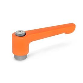 GN 302.1 Flat Adjustable Hand Levers, Zinc Die Casting, Insert Stainless Steel, with Internal Thread Color: OS - Orange, RAL 2004, textured finish