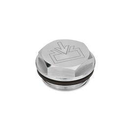 GN 742 Threaded Plugs with and without Symbols, Viton-Seal, Aluminum, Resistant up to 180°C Type: ES - With DIN re-fill symbol, plain finish<br />Identification no.: 1 - Without vent hole