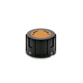 GN 957.1 Control Knobs, Plastic, for Position Indicators Type: L - With lettering, with arrow, ascending counter-clockwise<br />Color of the cover cap: DOR - Orange, RAL 2004, matte finish