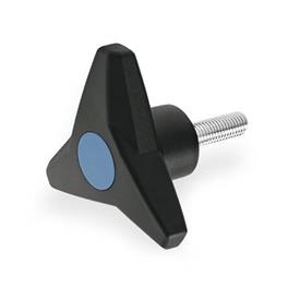 GN 533.6 Boutons à trois lobes avec goujon fileté, Softline, goujon fileté en acier Couleur du capuchon: DBL - bleu, RAL 5024, finition mat
