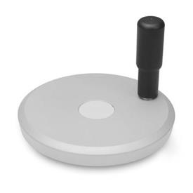 GN 923 Scheibenhandräder, Aluminium, kunststoffbeschichtet Form: R - mit drehbarem Griff<br />Farbe: SR - silber, RAL 9006, strukturmatt<br />d<sub>1</sub>: 80...200