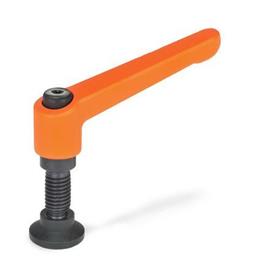 GN 306 Manettes indexables, Zinc moulé sous pression, Insert Acier, avec goujons filetés, avec pointes spéciales Couleur: OS - orange, RAL 2004, finition texturée<br />Type: KD - Extrémité sphérique, avec patin