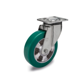 GN 22886 Medium Duty Casters, Wheel Tread Polyurethane, Wheel Core Aluminum, Medium Version Bearing type: K - Ball bearing<br />Type (bracket): L - Swivel bracket with mounting plate<br />Coding: M - Medium version<br />Material (bracket): ST - Steel sheet metal