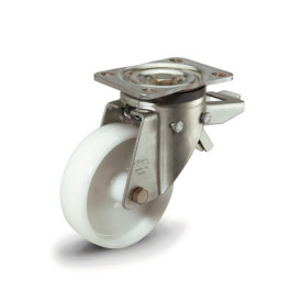 GN 22892 Medium Duty Casters, Polyamide, Medium Version Bearing type: G - Friction bearing<br />Type (bracket): LF - Swivel bracket with mounting plate, with total lock brake<br />Coding: M - Medium version<br />Material (bracket): ST - Steel sheet metal, zinc plated