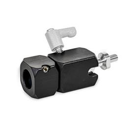 GN 487 Estribos de sujeción para rótula giratoria, aluminio Tipo: A - Con agujero axial<br />Código: S - Bola con rosca externa<br />N.º de identificación: 1 - Sujeción mediante palanca de apriete ajustable<br />Acabado: ES - Anodizado negro
