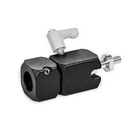 GN 487 Swivel Ball Joint Mounting Clamps, Aluminum Type: A - With axial bore<br />Coding: S - Ball element with external thread<br />Identification no.: 1 - Clamping with adjustable hand lever<br />Finish: ES - Anodized, black