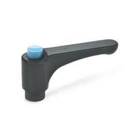 GN 600 Flat Adjustable Hand Levers with Releasing Button, Plastic, Threaded Bushing Brass Color releasing button: DBL - Blue, RAL 5024, shiny finish