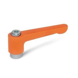 GN 302.2 Flat Adjustable Hand Levers, Zinc Die Casting, Bushing Steel Zinc Plated Color: OS - Orange, RAL 2004, textured finish