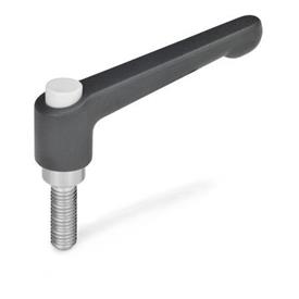 GN 303.1 Manettes indexables,<br />
zinc moulé sous pression, insert inox, avec goujon fileté, avec bouton de déverrouillage Couleur du bouton de déverrouillage: G - gris, RAL 7035