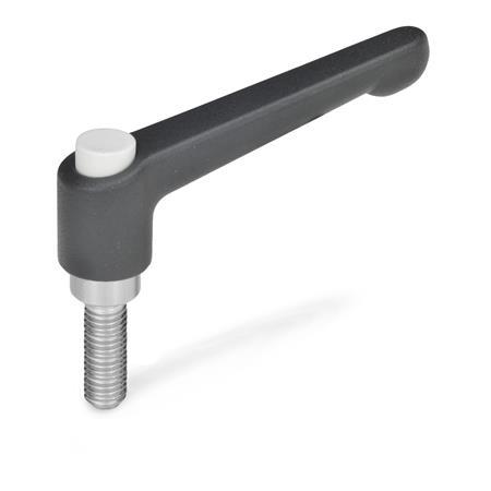 Manettes indexables GN 303.1: Zinc moulé sous pression, insert inox, avec goujon fileté, avec bouton de déverrouillage